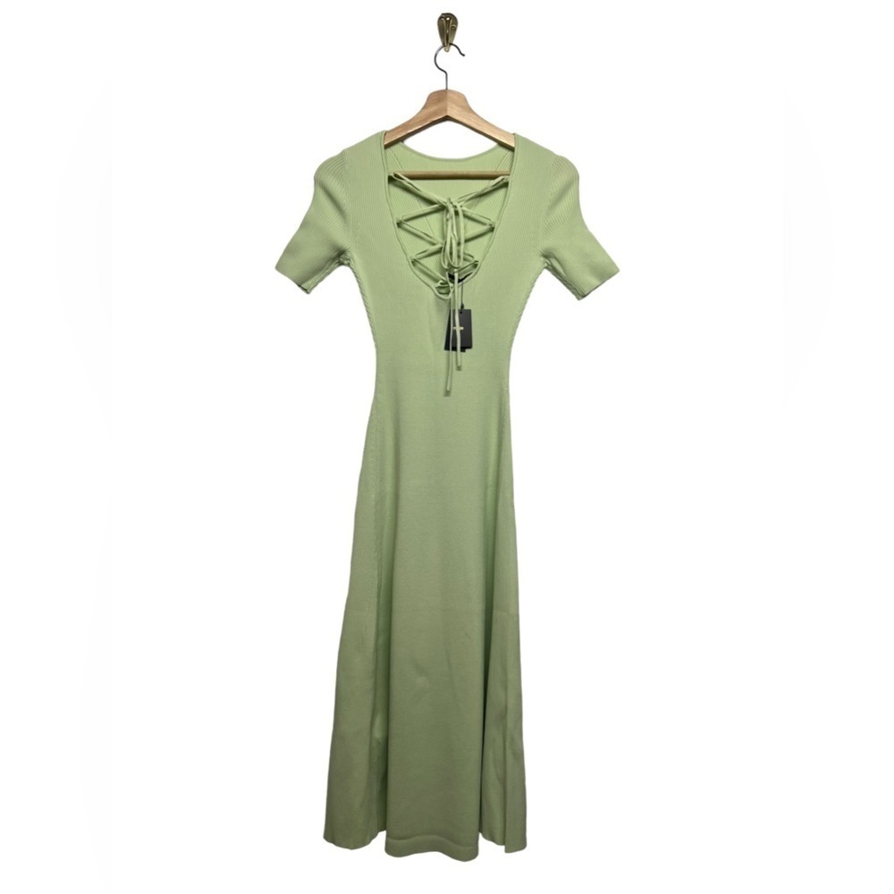 NWT MAJE Ruched Lace-Up Ribbed Stretch-Knitted Midi Dress Verts XS - Picture 12 of 14